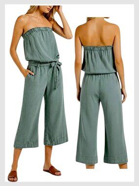 Anthropologie Cloth & Stone Strapless Wide Leg Jumpsuit Teal Green M